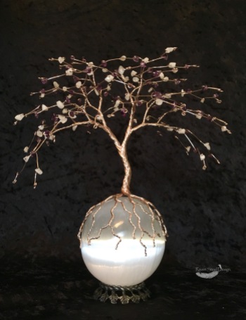 Amethyst and Moonstone Rose Gold Tree of Life on Selenite Sphere Sculpture