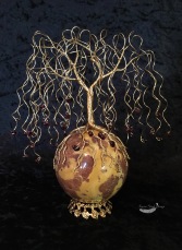 Autumn Colors Garnet Weeping Willow Wire Tree on Jasper Sphere Sculpture
