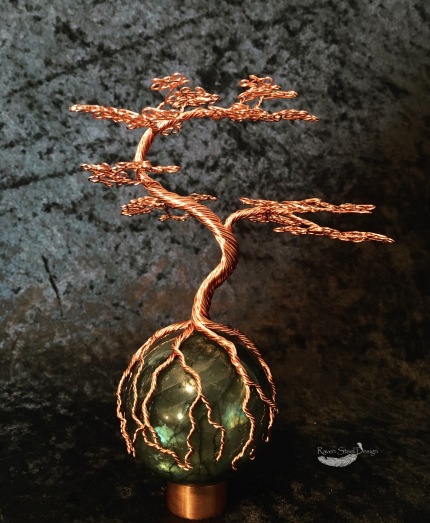 Crazy Twisy Copper Bonsai Tree on Labradorite Sphere Sculpture