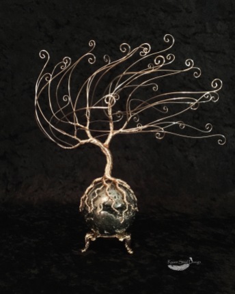 "The Golden Tree" Windblown Wire Tree on Pyrite Sphere Sculpture